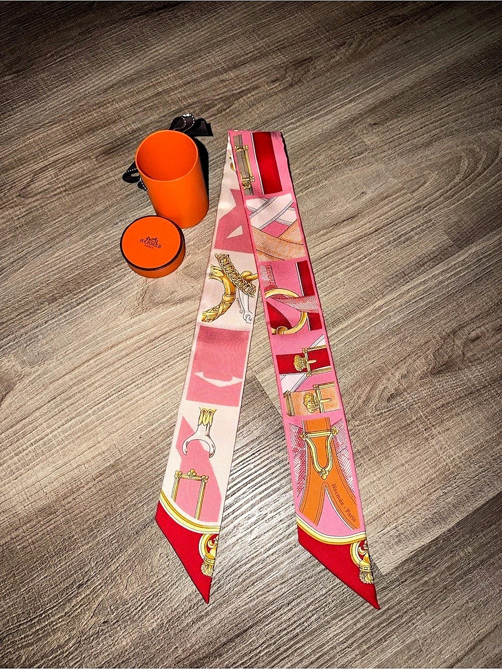Hermès Cavalcadour Remix Twilly Pink & Orange Scarf